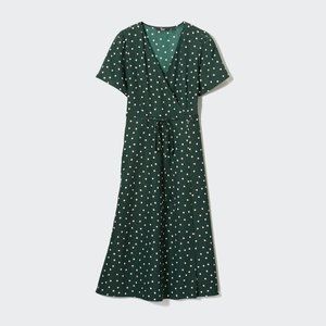 Uniqlo Printed Wrap Short-Sleeve Dress Dark Green